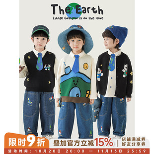 幼悠男童2026春秋新款小熊长袖衬衫无袖叠穿马甲保暖毛衣开衫套装