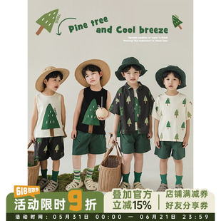 幼悠男童森林数码印花无袖背心夏季薄款儿童可拆领带刺绣衬衫套装