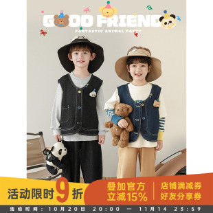 叠穿牛仔马甲时尚 卡通玩偶无袖 百搭儿童背心 新款 幼悠男童2025春季