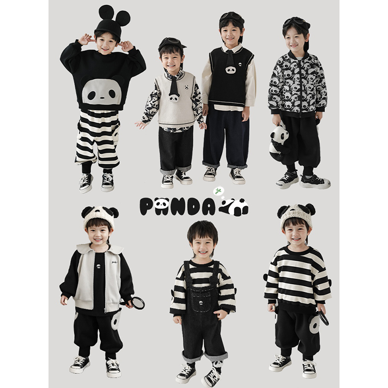 幼悠卡通熊猫字母绣花休闲翻领外套秋季新款儿童马甲背带裤套装潮