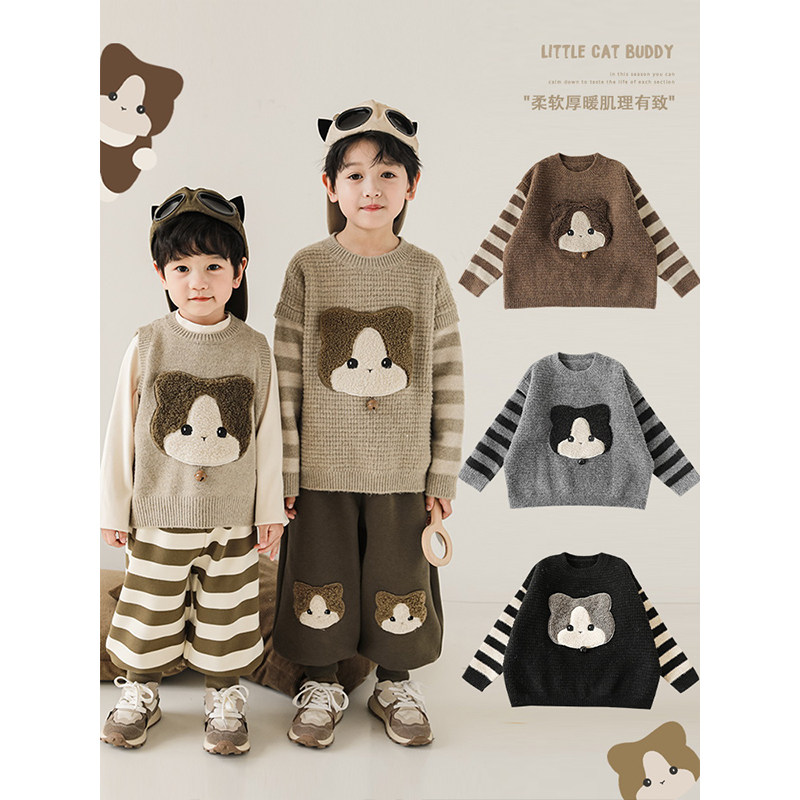 幼悠儿童小猫贴布绣标条纹圆领宽松假两件毛衣冬季男童新款针织衫