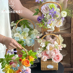 芯苼 插花篮花艺资材 仿藤编织手提花篮花店鲜花束手工DIY创意包装