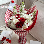 芯苼红莓小方格·包装 2.14情人节 纸鲜花花束精致蝴蝶结包花纸