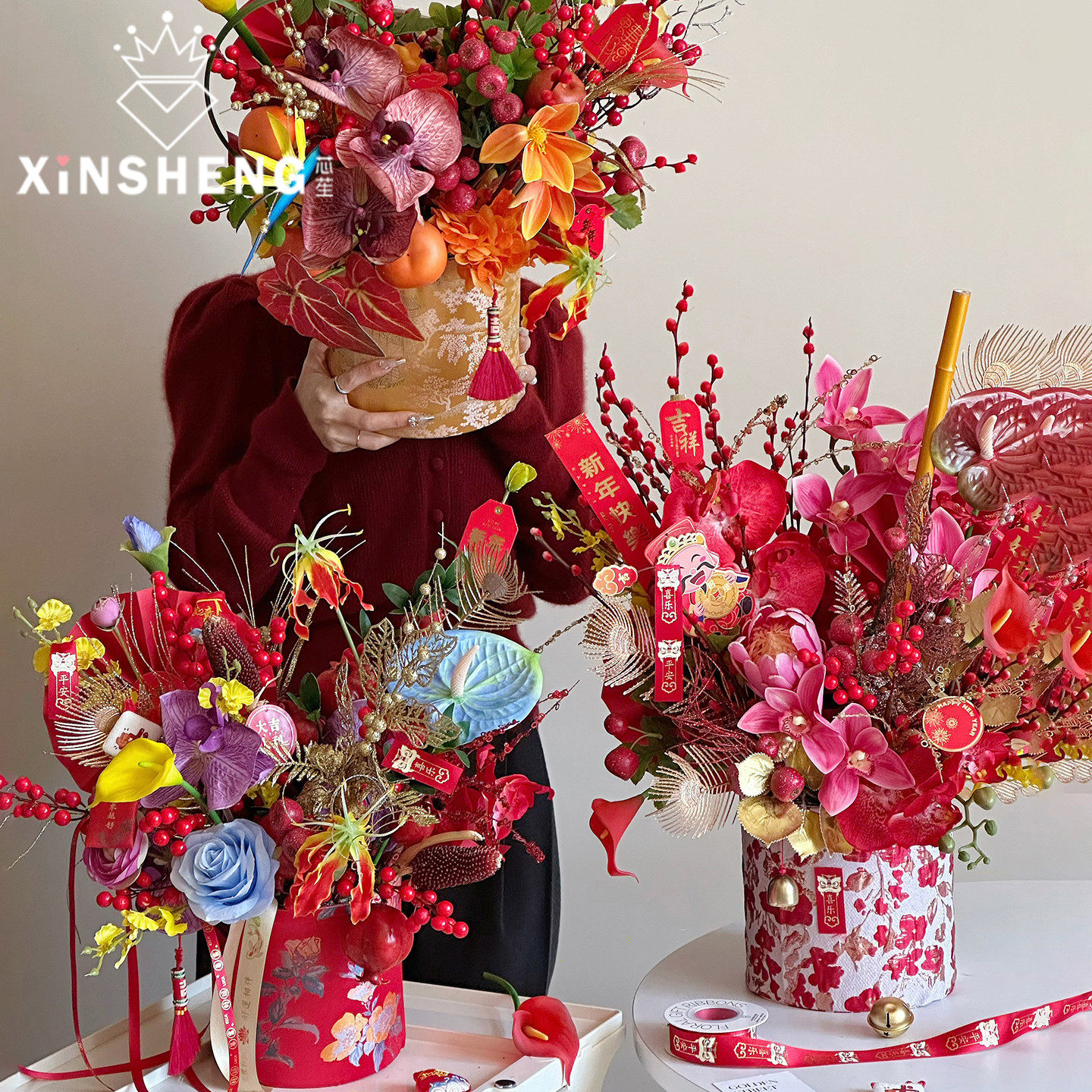 【2026马年】芯苼 新年祈岁春福布料桶 花束干花年宵花喜庆插花桶,鲜花速递/花卉仿真/绿植园艺,花艺包装盒,淘宝优惠券,粉丝福利购,淘宝优惠卷