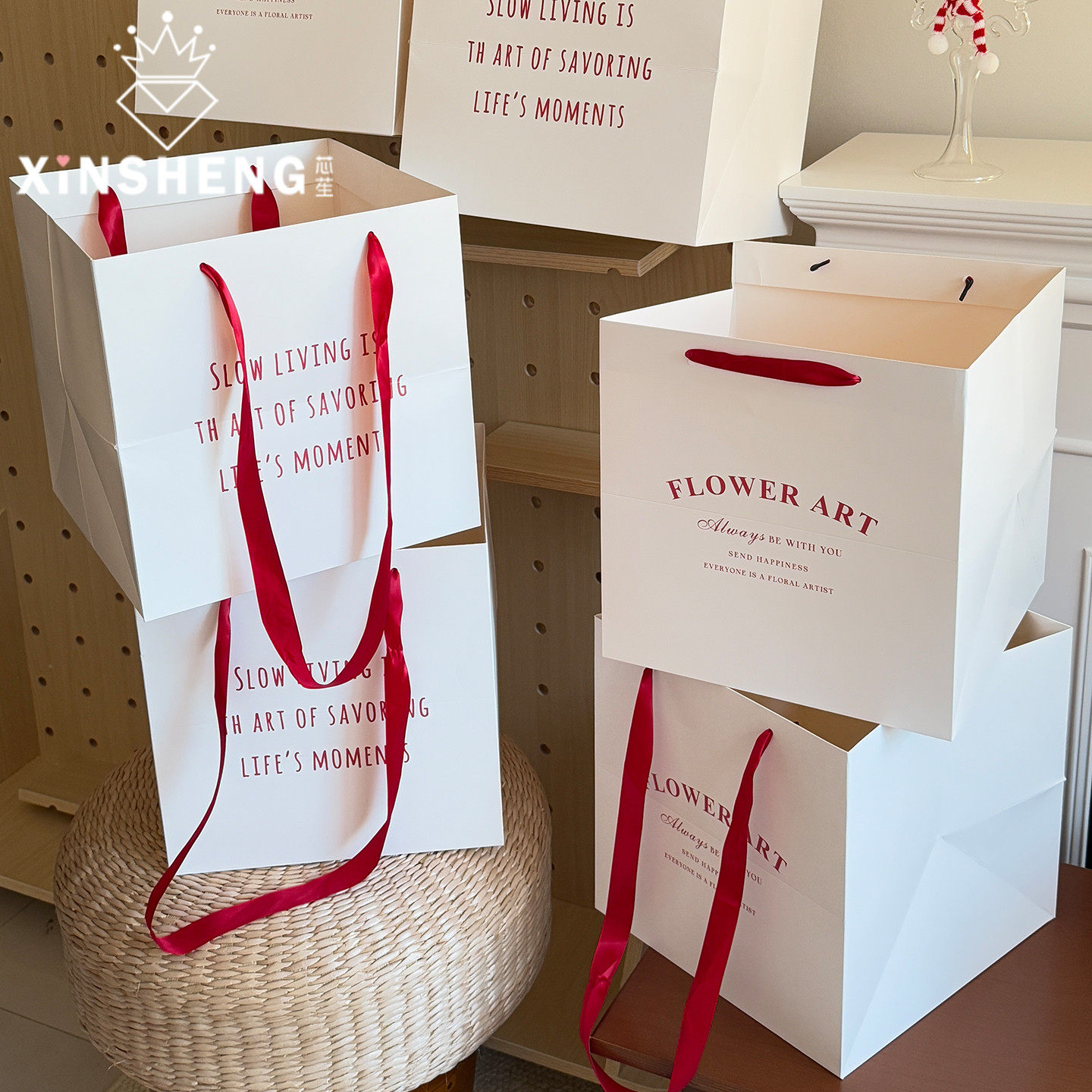 芯苼 原创红色英文手提袋 花店简约高级鲜花束礼品包装袋花艺资材,鲜花速递/花卉仿真/绿植园艺,花艺包装盒,淘宝优惠券,粉丝福利购,淘宝优惠卷