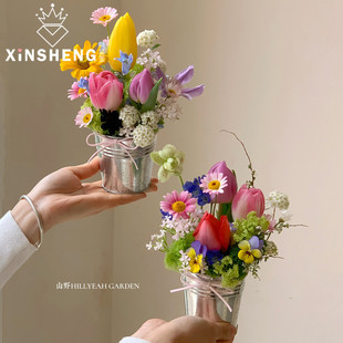 【春夏新品】芯苼 小清新铁艺花盆 花店鲜花束盆栽绿植花艺插花桶