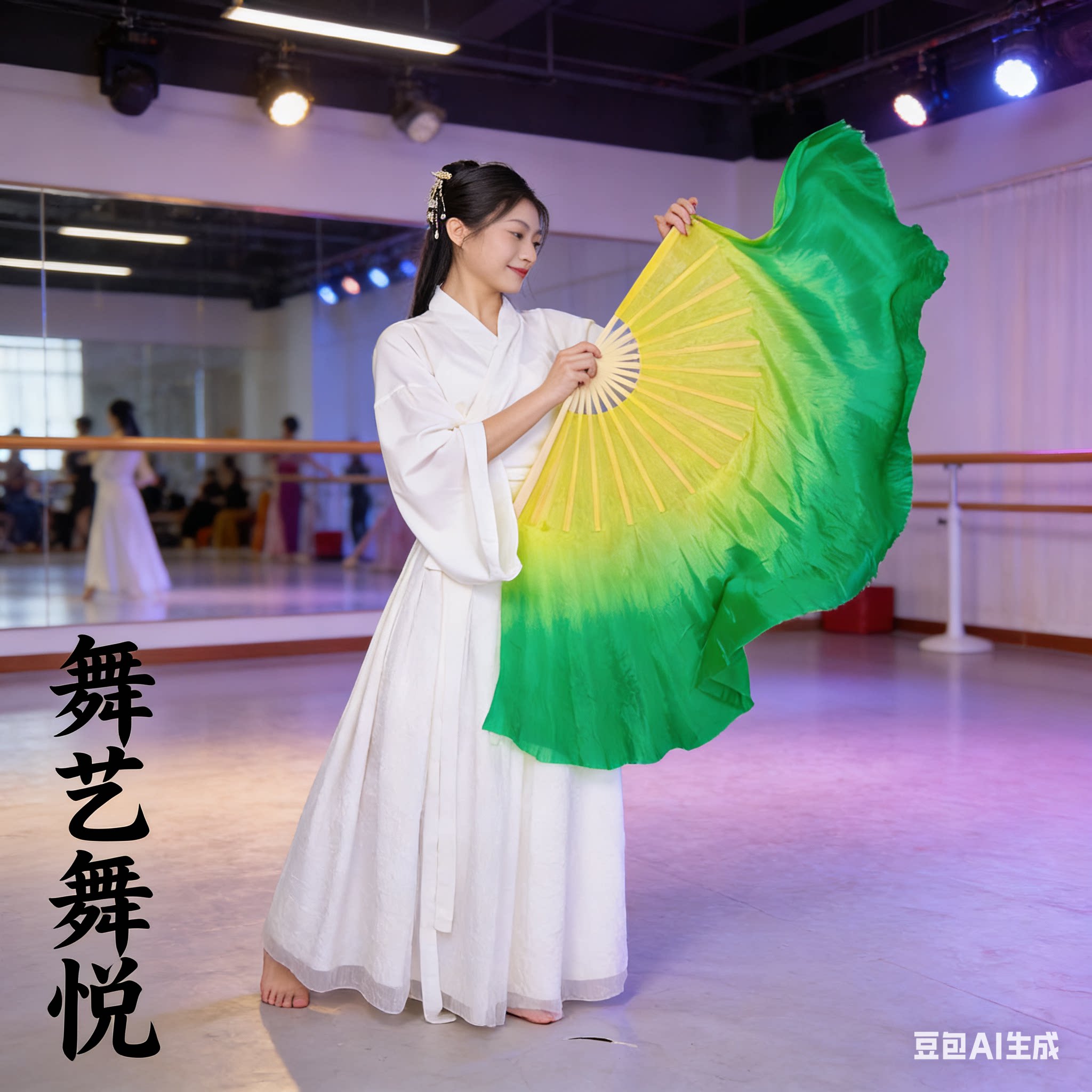 绿意真丝黄绿渐变海派秧歌舞蹈扇