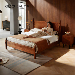 广巢涟漪法式 复古实木床1.8米双人床中古风主卧简约白蜡木圆脚床A