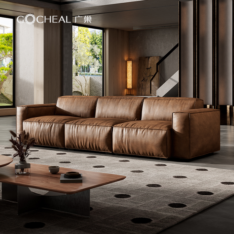 广巢意式复古全苯胺真皮沙发