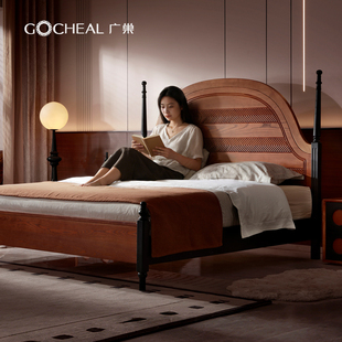 广巢莫奈美式 复古实木床主卧1.8米双人床中古风高端简约白蜡木床A