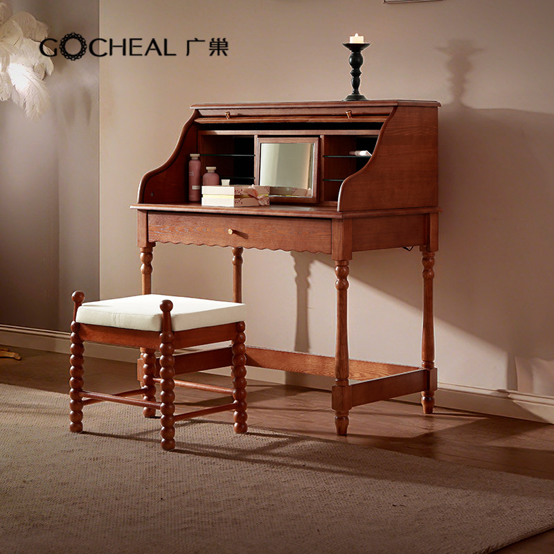 广巢风琴实木梳妆台带化妆镜中古风卧室小户型化妆桌复古收纳桌A