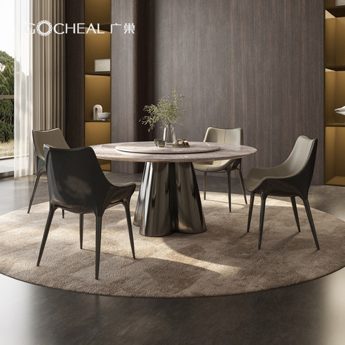 广巢大理石圆餐桌带转盘意式极简轻奢高端圆形奢石饭桌家用餐桌椅