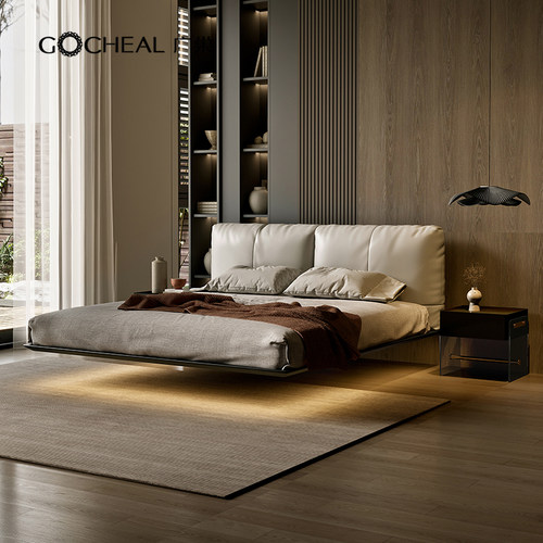 广巢极简风真皮实木白蜡木悬浮床