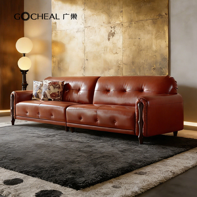 广巢莉娅真皮实木沙发中古风头层牛皮客厅直排三人位复古油蜡皮A