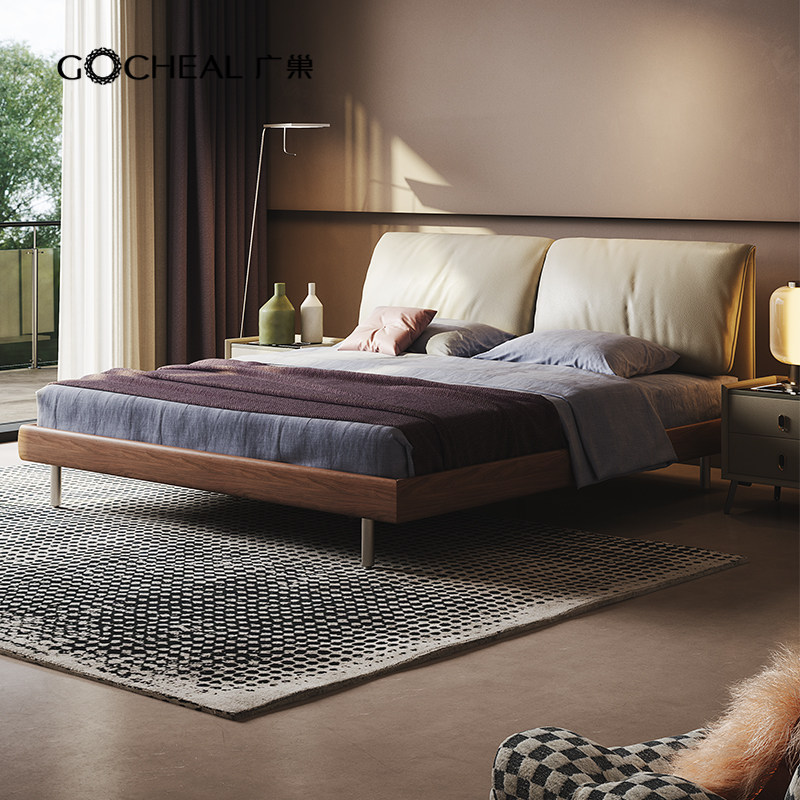 广巢左岸真皮皮艺床意式简约复古双人床头软包卧室高端大气主卧床