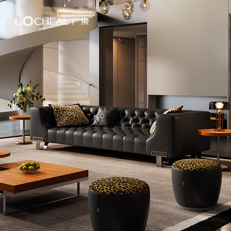 广巢意式轻奢头层牛皮直排沙发