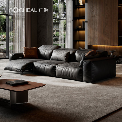 广巢头层牛皮豆腐块功能沙发