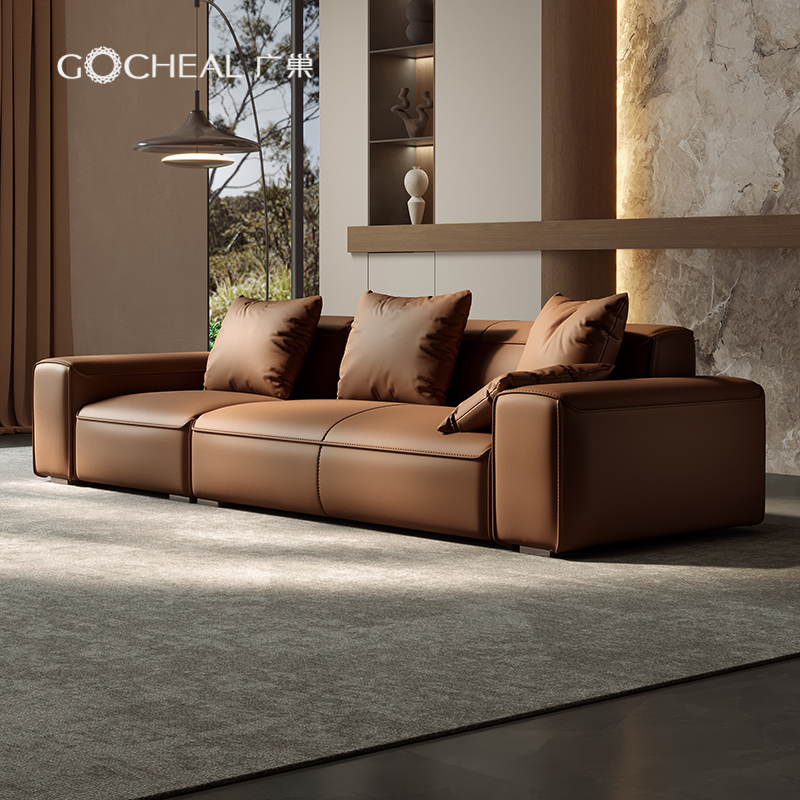 广巢意式极简头层牛皮直排沙发