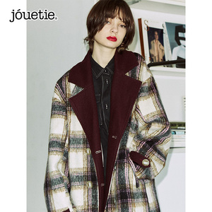 jouetie日系潮牌2023长款撞色双排扣外套休闲百搭长袖大衣女秋冬