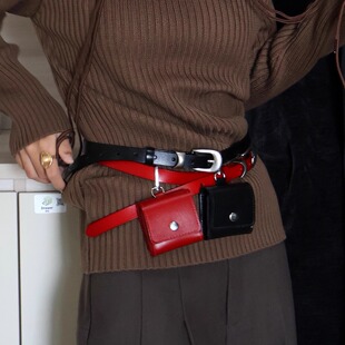 韩国小众设计极简复古百搭耳机包皮带ins辣妹休闲小方包真皮腰带