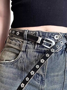 正确版梅花扣孔腰带牛皮极简cleanfit百搭复古朋克铆钉真皮皮带