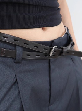 Hedmayner超长方扣腰带进口牛皮多用法双圈多孔方扣细款真皮皮带