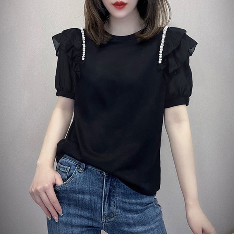 韩国纯棉设计感短袖T恤女春夏季2025新款洋气减龄泡泡袖打底上衣
