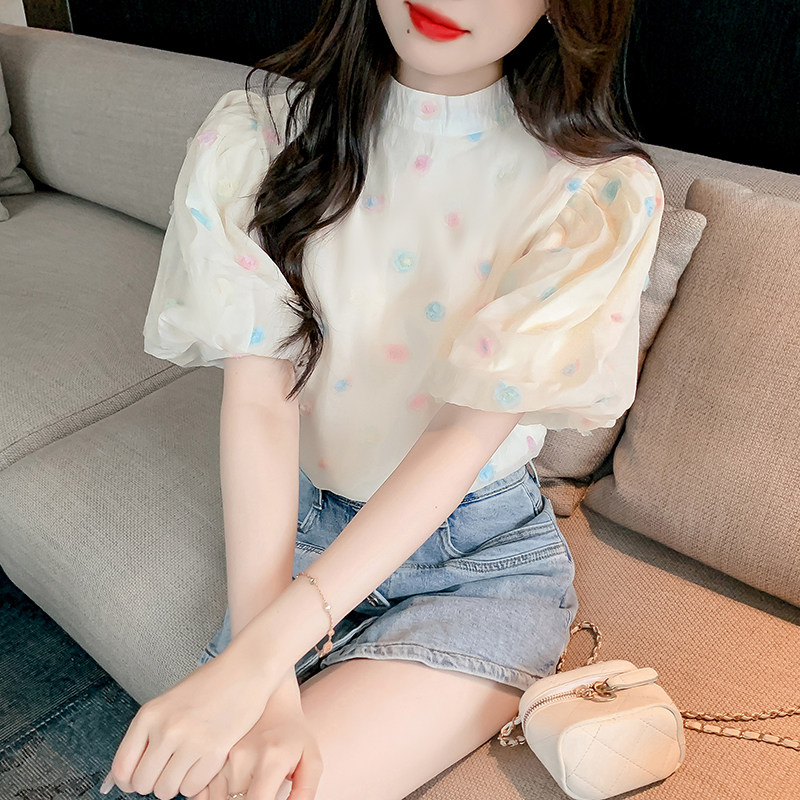 韩国灯笼袖半高领短袖刺绣衬衫女夏季2024新款时尚气质百搭上衣