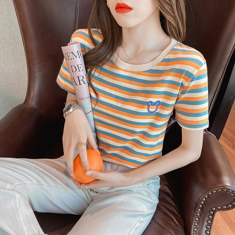 韩国纯棉彩虹条纹t恤女短袖2022夏季新款宽松上衣ins韩版圆领百搭