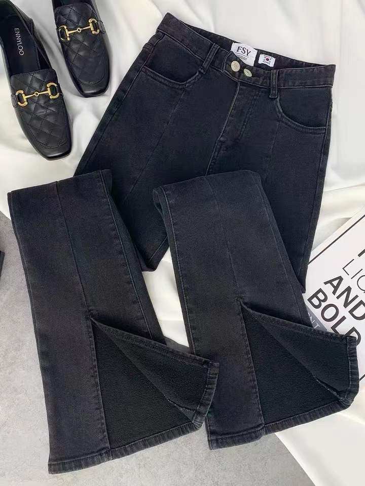 韩国东大门高腰设计感裤脚开叉喇叭裤牛仔裤女弹力显瘦拖地微喇潮