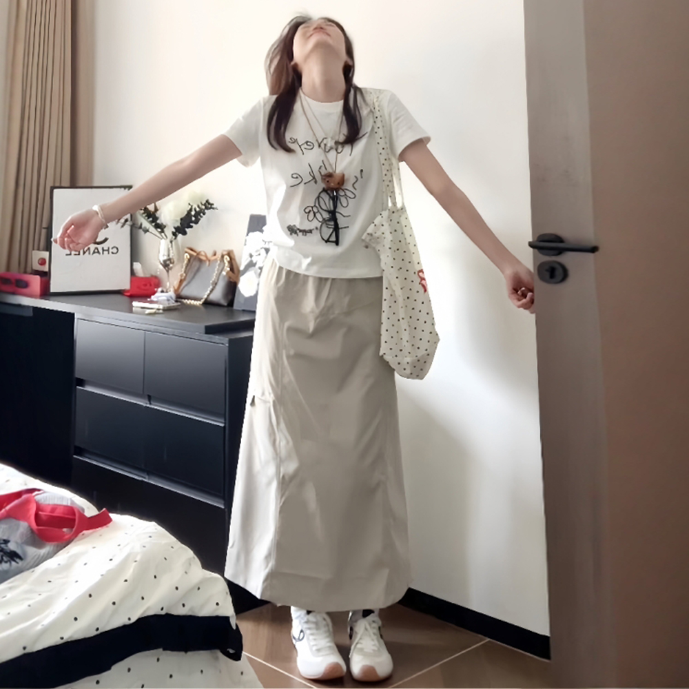 韩国夏季穿搭一整套白色印花短袖工装半身裙子两件式套装女2025新