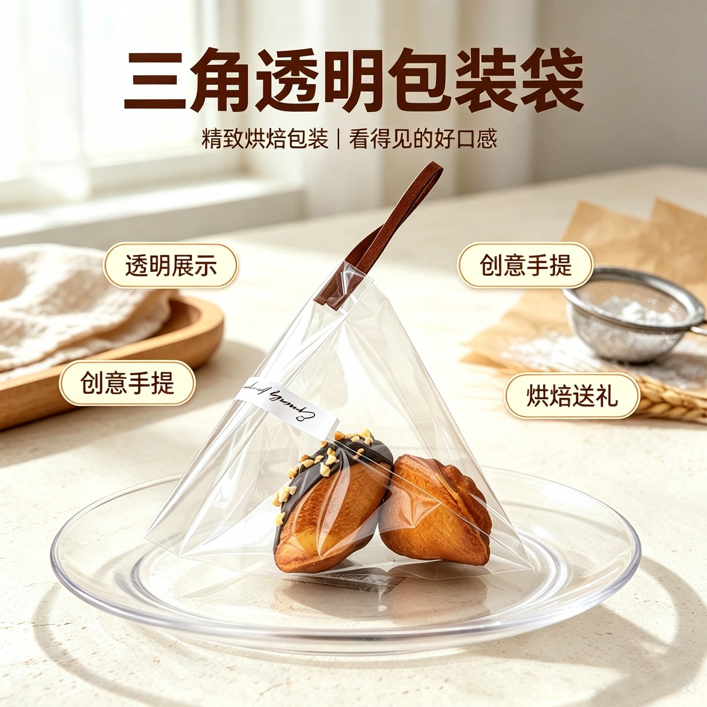 手提创意单粒甜品透明打包袋装司康麻薯玛德琳可露丽泡芙曲奇饼干