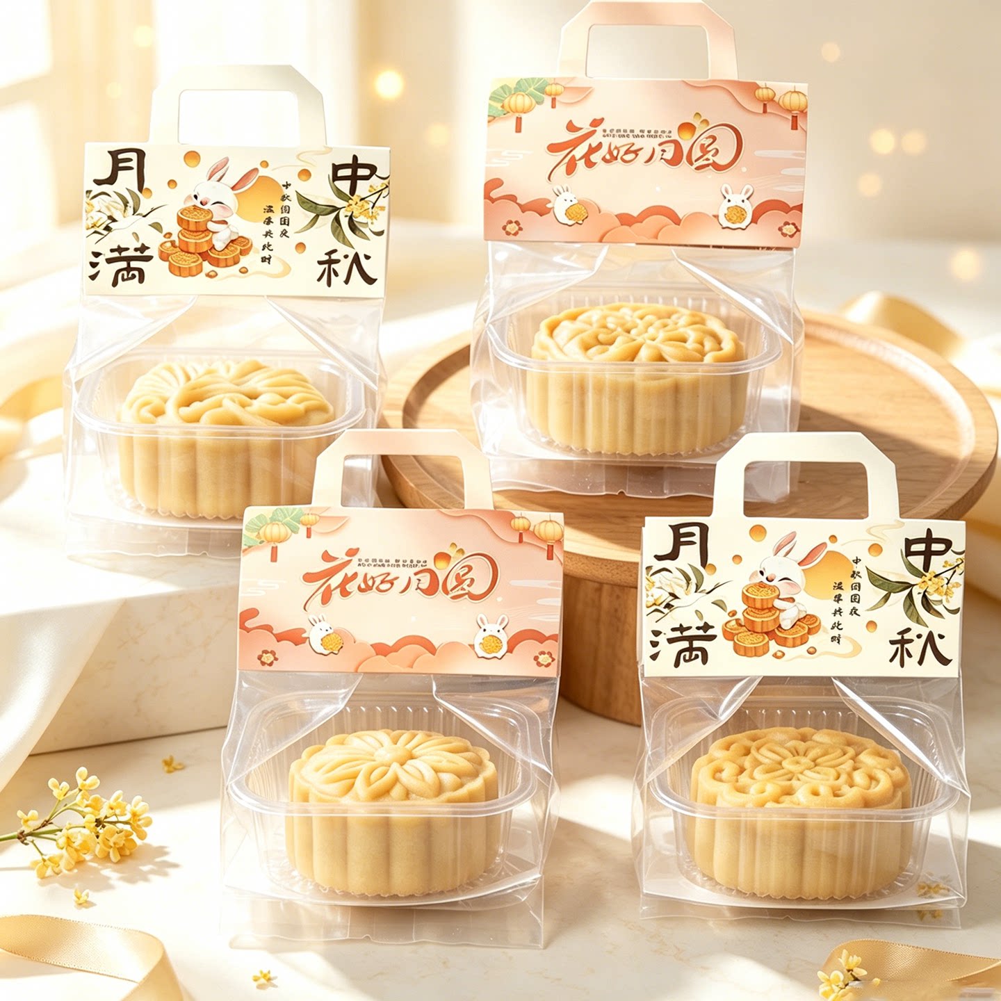 月饼包装袋月满中秋花好月圆夹头袋广式蛋黄酥糕点手提打包袋子