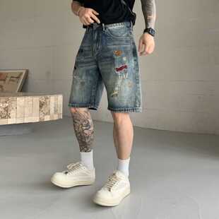 新款短裤夏季新款男式牛仔五分裤潮流补丁破洞做旧刺绣贴标中裤男