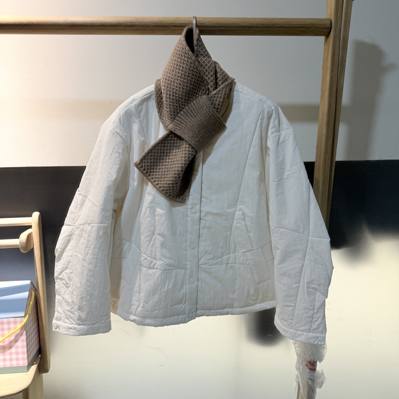 韩系设计感格子骆驼绒绵羊毛棉服女短款圆领单排扣保暖棉衣外套