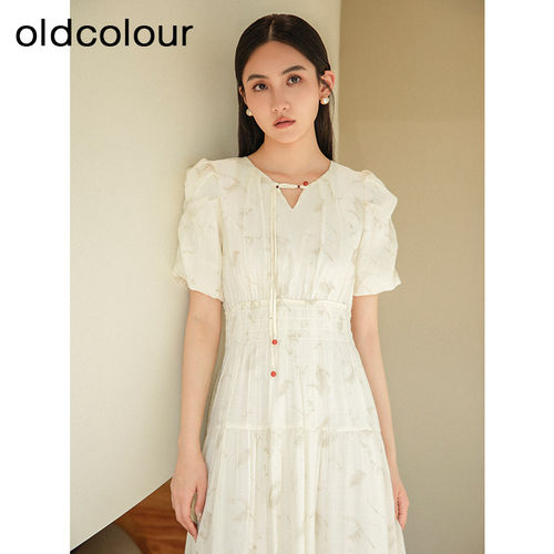 oldcolour欧珂夏季新款V领清凉短袖连衣裙女BR281022A1