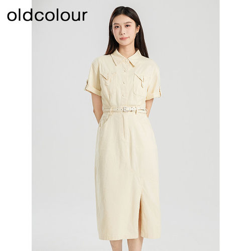 oldcolour欧珂夏季新款翻领修身短袖连衣裙女BR28103408
