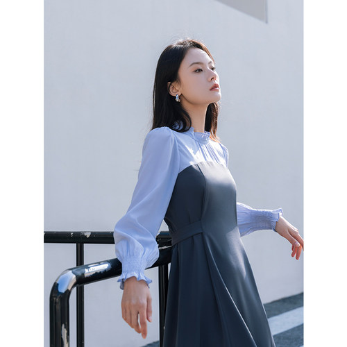 oldcolour春季优雅时尚气质高腰拼接长袖连衣裙女Q111008A1-799