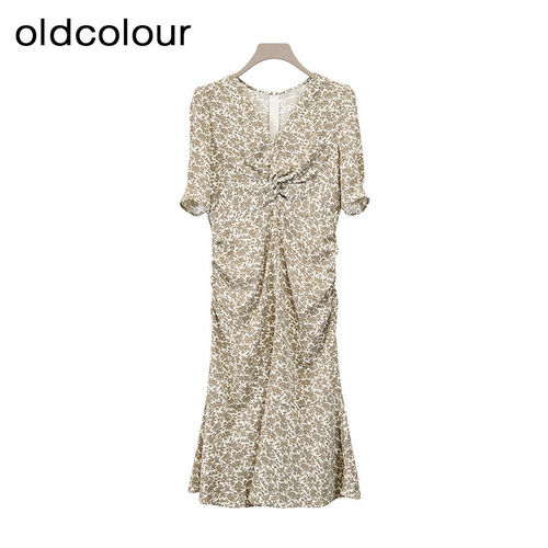 oldcolour春夏款气质设计感V领褶皱碎花短袖连衣裙BR391010A1-599