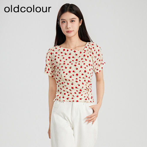 oldcolour夏季设计感气质收腰短袖套头碎花衬衫女Q280106A1-459