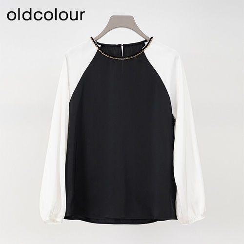 oldcolour欧珂春季商场同款圆领拼色休闲长袖衬衫女Q140118A1-559