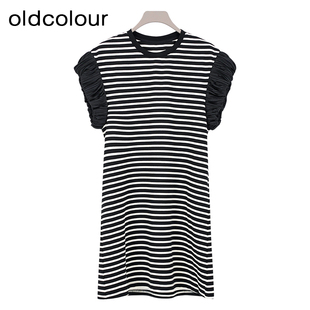 oldcolour夏季新款黑白条纹设计感宽松短袖T恤连衣裙女BR281046A1