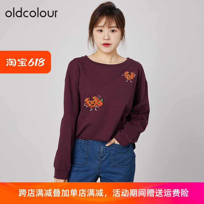 oldcolour2021秋季刺绣上衣宽松长袖休闲T恤女N31023137-499 女装/女士精品 T恤 原图主图