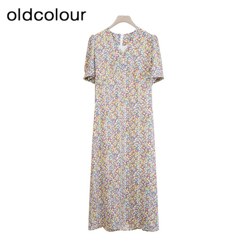 oldcolour商场同款夏款V领时尚碎花短袖连衣裙女GP21101734-699