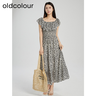 oldcolour夏季优雅气质一字领短袖碎花蛋糕连衣裙女Q281009A1-799