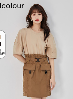 oldcolour2023夏季黑色气质休闲工装收腰拼接连衣裙O22101250-899