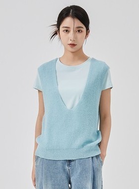 oldcolour欧珂2022春宽松休闲针织衫短袖两件套GO11021656-499