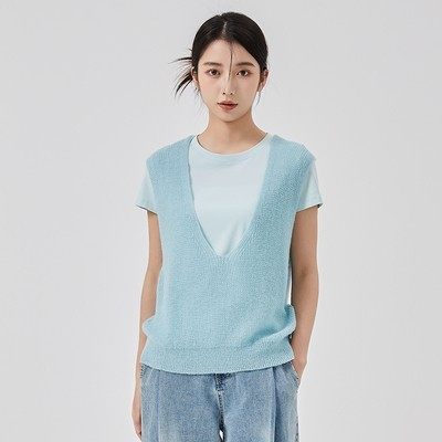 oldcolour欧珂2022春宽松休闲针织衫短袖两件套GO11021656-499