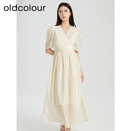 oldcolour欧珂夏季新款商场同款V领修长短袖连衣裙女BR28103412