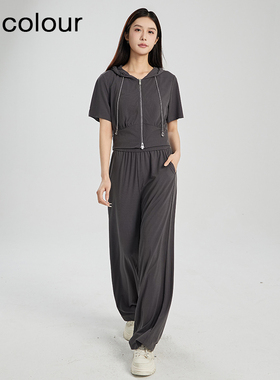 oldcolour夏季新款简约气质运动休闲连帽卫衣套装女Q281401A1-999